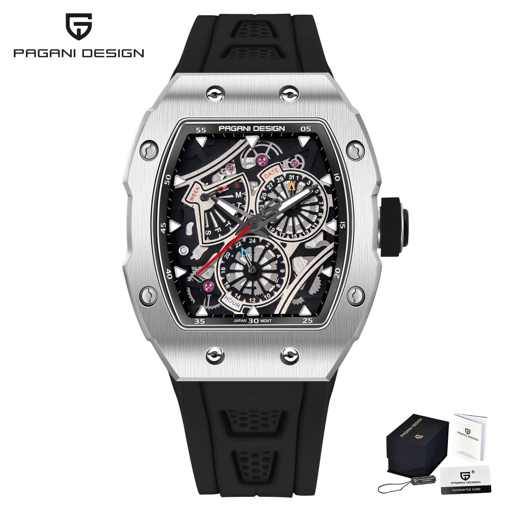 PAGANI DESIGN skeleton Watch Sapphire YS012 Automatic Men’s Quartz Watch Silicone Square Clock Waterproof Relogio Masculino