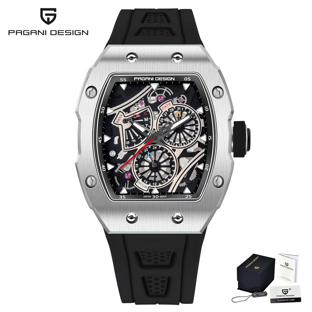 PAGANI DESIGN skeleton Watch Sapphire YS012 Automatic Men’s Quartz Watch Silicone Square Clock Waterproof Relogio Masculino