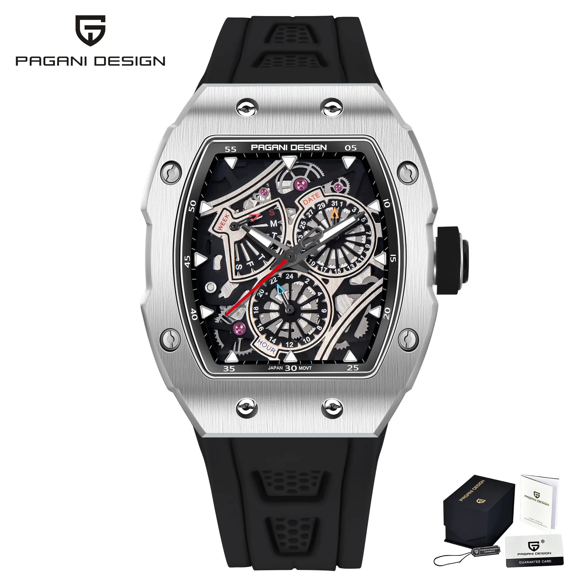 PAGANI DESIGN skeleton Watch Sapphire YS012 Automatic Men’s Quartz Watch Silicone Square Clock Waterproof Relogio Masculino