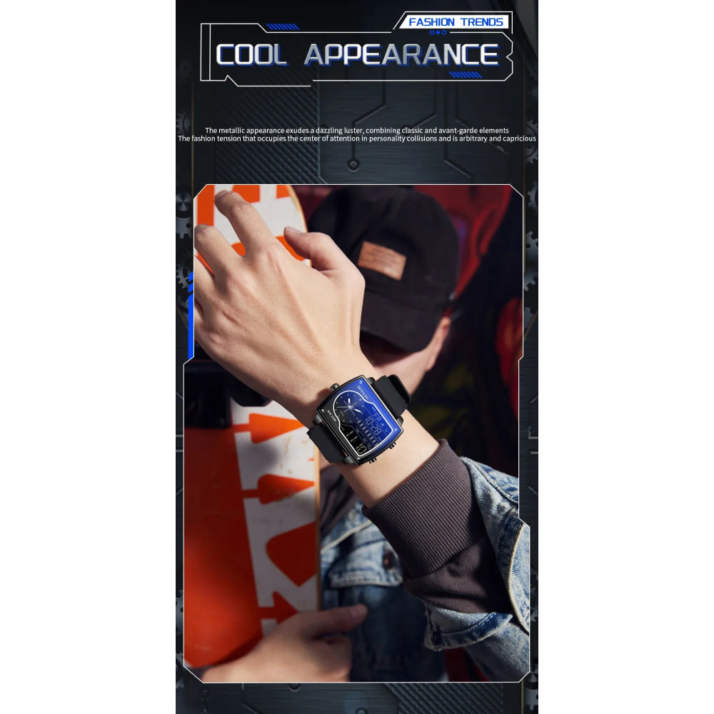 SANDA 6163 Fashion Trend Men's Quartz Watch Fashion Square Watch Countdown Sports Waterproof Dual Display Digital Men's Watches