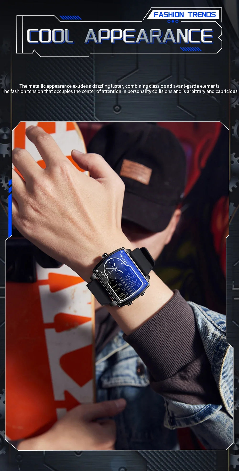 SANDA 6163 Fashion Trend Men's Quartz Watch Fashion Square Watch Countdown Sports Waterproof Dual Display Digital Men's Watches