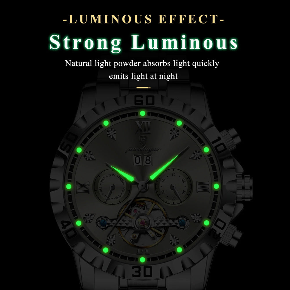 POEDAGAR Luxury Men Wristwatch Hollow Tourbillon Luminous Date Week Man Clock Automatic Mechanical Stainless Steel Men's Watches