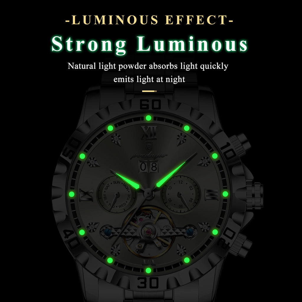 POEDAGAR Luxury Men Wristwatch Hollow Tourbillon Luminous Date Week Man Clock Automatic Mechanical Stainless Steel Men's Watches