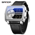 SANDA 6163 Fashion Trend Men's Quartz Watch Fashion Square Watch Countdown Sports Waterproof Dual Display Digital Men's Watches