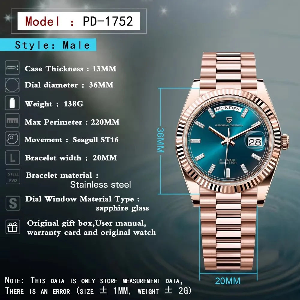 2025 New PAGANI DESIGN Men's Watch DD36 Rose Gold Luxury Automatic Watch For Men Mechanical Wristwatches Sapphire Mirror Clock