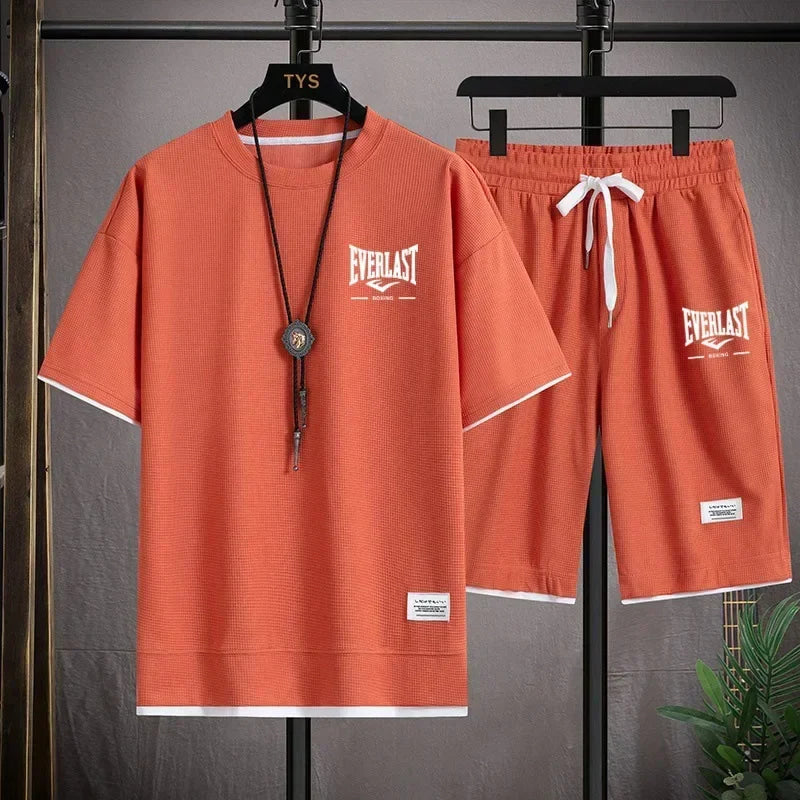 2026 Men's summer suit high quality round neck men's T-shirt 2 pieces shorts running quick dry leisure quick dry.