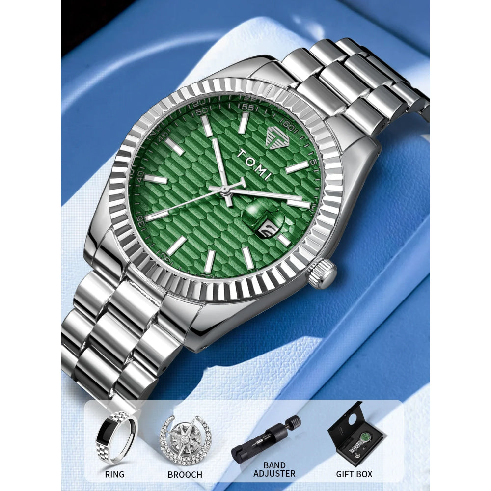 TOMI New Men's Watch Brooch Ring Gift Box Set Luxury Business Stainless Steel Strap Men's Calendar Casual Quartz Watch Reloj