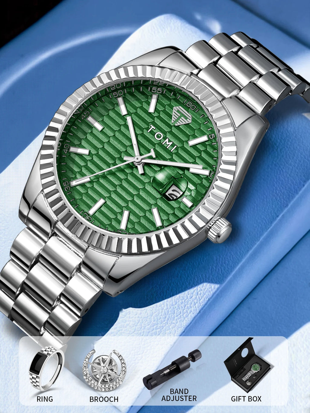 TOMI New Men's Watch Brooch Ring Gift Box Set Luxury Business Stainless Steel Strap Men's Calendar Casual Quartz Watch Reloj