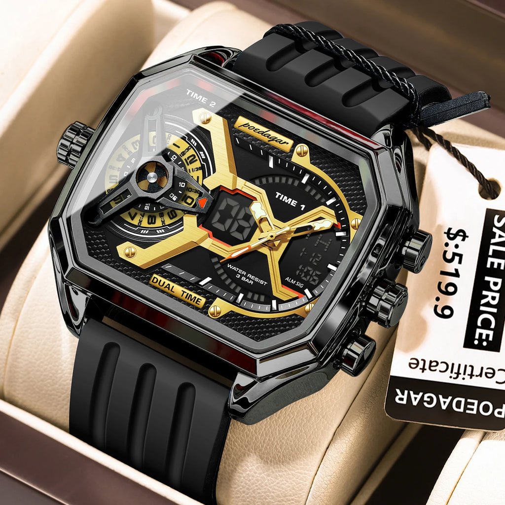 POEDAGAR Top Luxury Men Clock LED Calendar Week Luminous Man Wristwatch Electronic Rectangle Silicone Strap Quartz Men's Watches