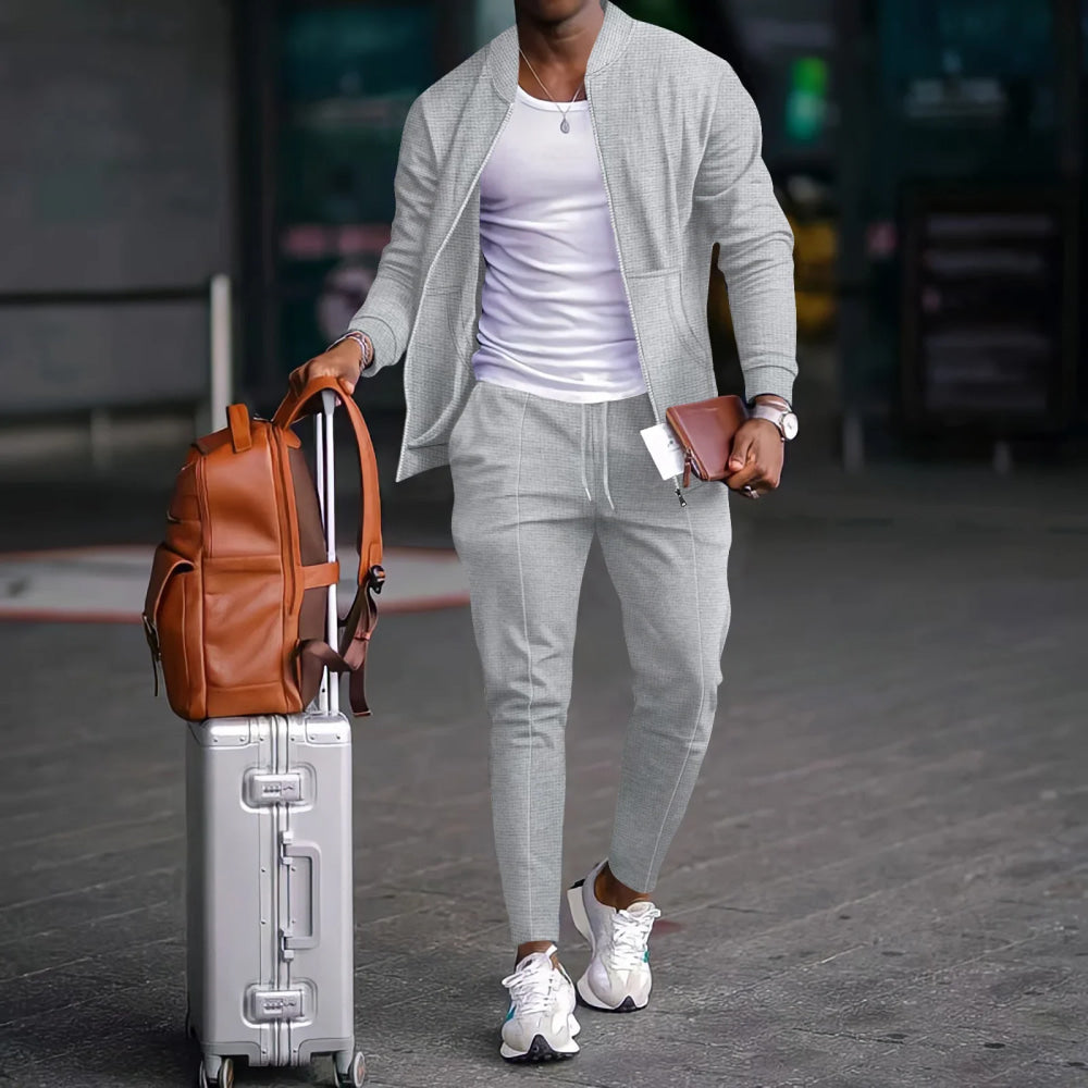 Men's Business Casual Two-Piece Set Spring Autumn Waffle Zippered Shirt Coat And Trousers Trendy Fashionable Outfit