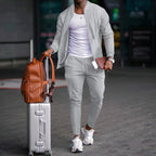 Men's Business Casual Two-Piece Set Spring Autumn Waffle Zippered Shirt Coat And Trousers Trendy Fashionable Outfit