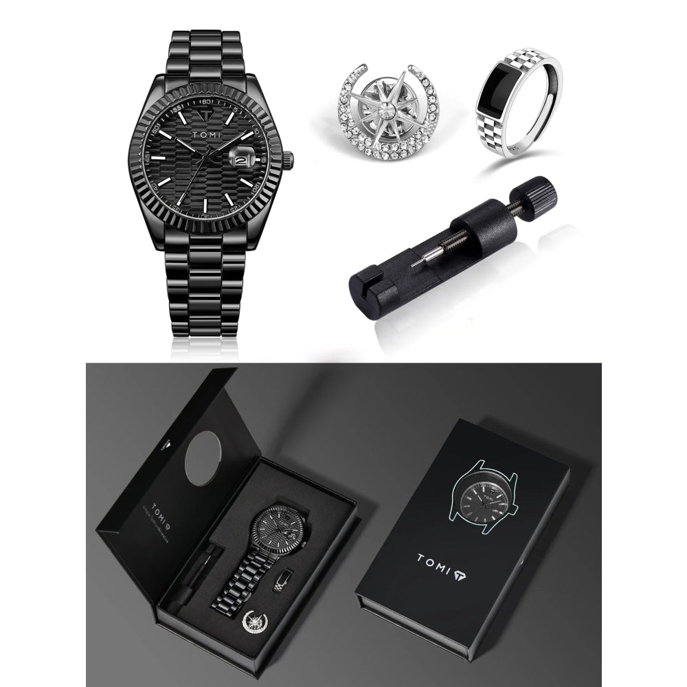 TOMI New Men's Watch Brooch Ring Gift Box Set Luxury Business Stainless Steel Strap Men's Calendar Casual Quartz Watch Reloj