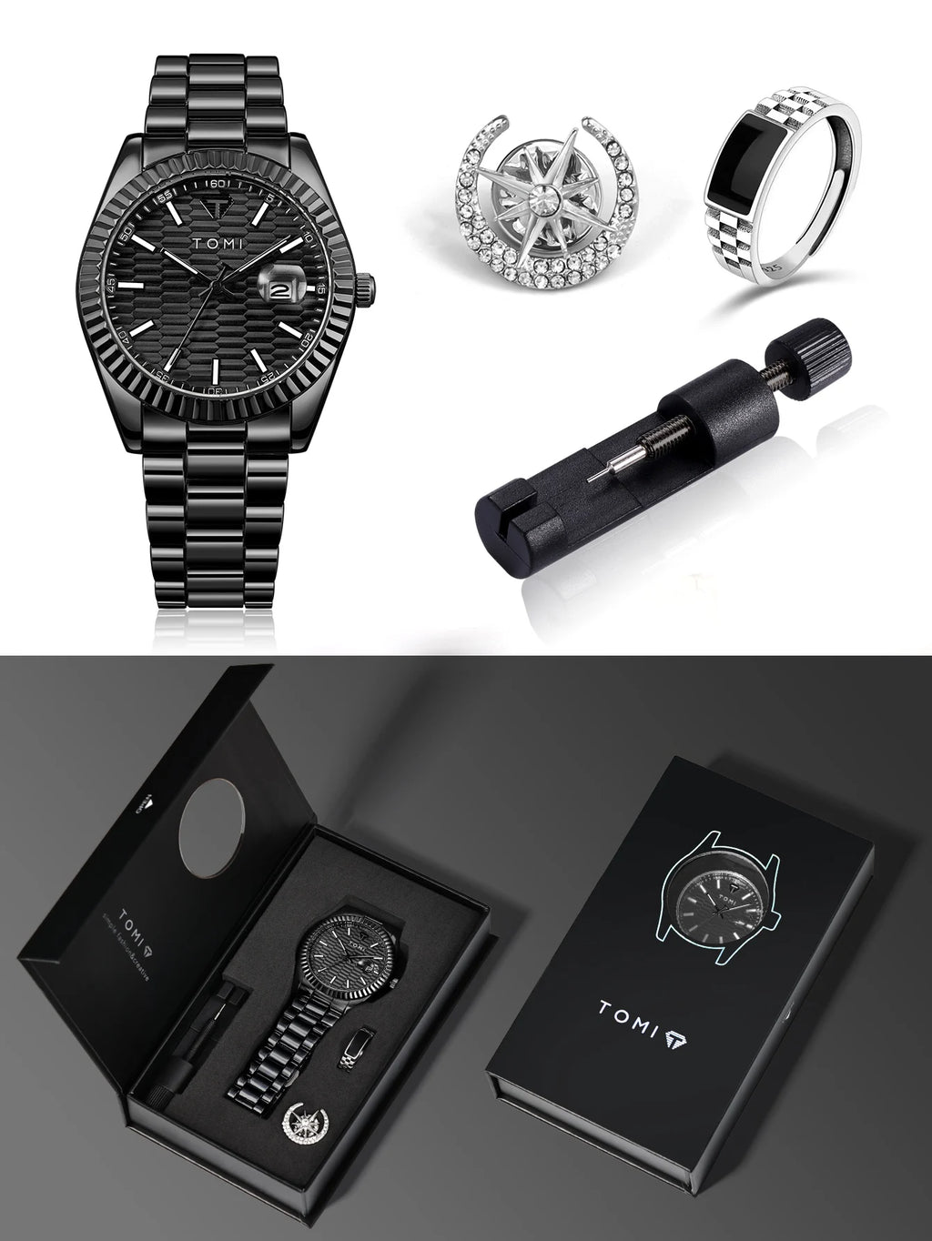 TOMI New Men's Watch Brooch Ring Gift Box Set Luxury Business Stainless Steel Strap Men's Calendar Casual Quartz Watch Reloj