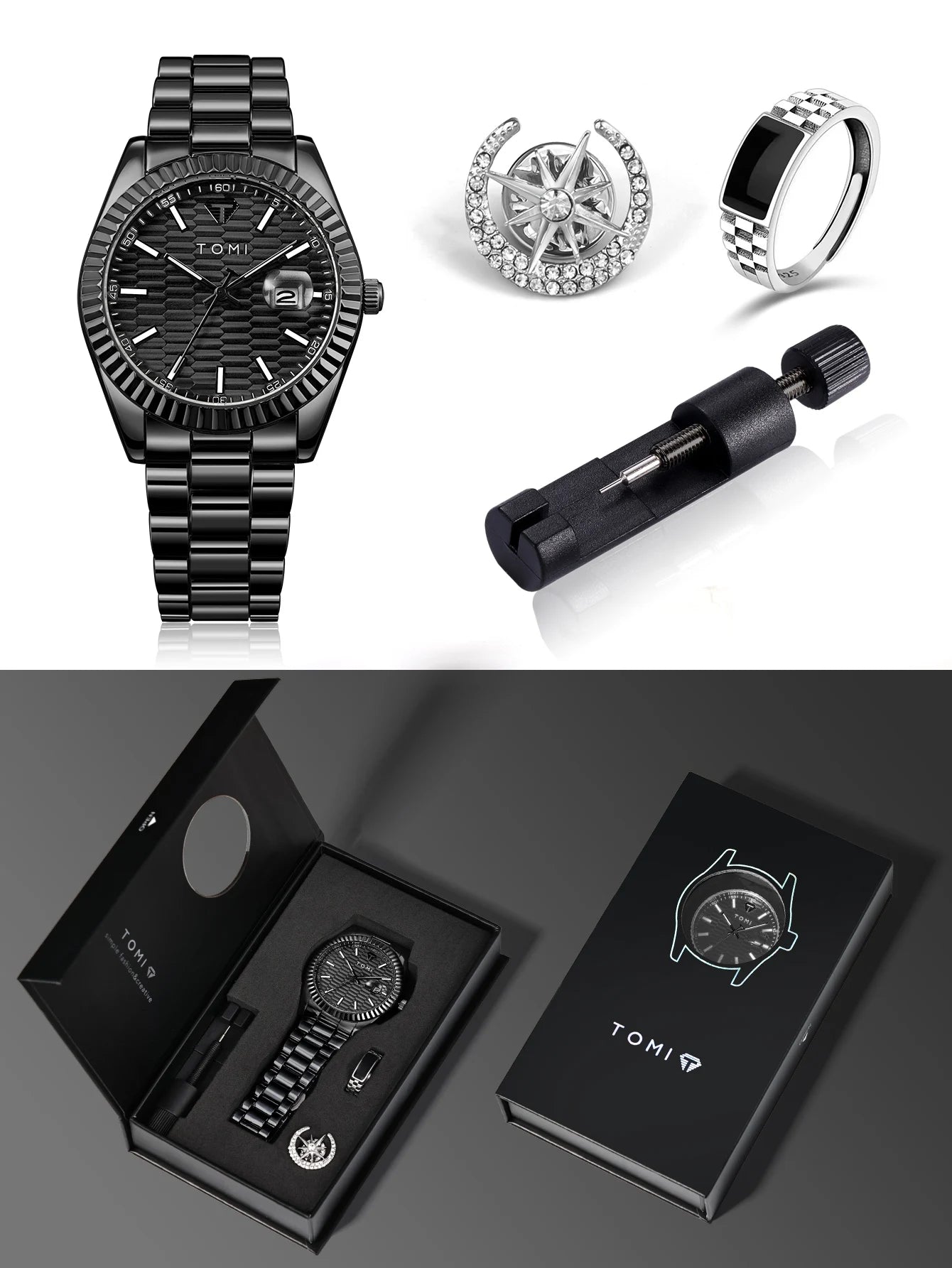 TOMI New Men's Watch Brooch Ring Gift Box Set Luxury Business Stainless Steel Strap Men's Calendar Casual Quartz Watch Reloj
