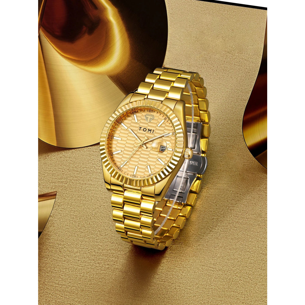 TOMI New Men's Watch Brooch Ring Gift Box Set Luxury Business Stainless Steel Strap Men's Calendar Casual Quartz Watch Reloj