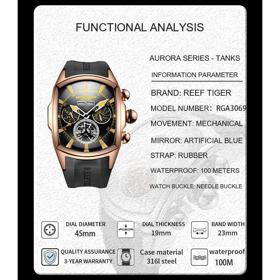 Reef Tiger 316L Stainless Steel Wine Barrel Automatic Watch Fashion Mulitfunction Tourbillon Mechanical Watches for Men RGA3069