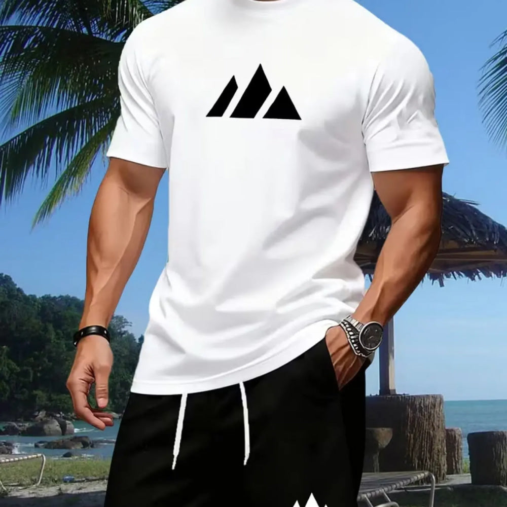New summer fitness sportswear for men, short-sleeved T-shirt and shorts two-piece set, breathable and quick-drying casual wear.