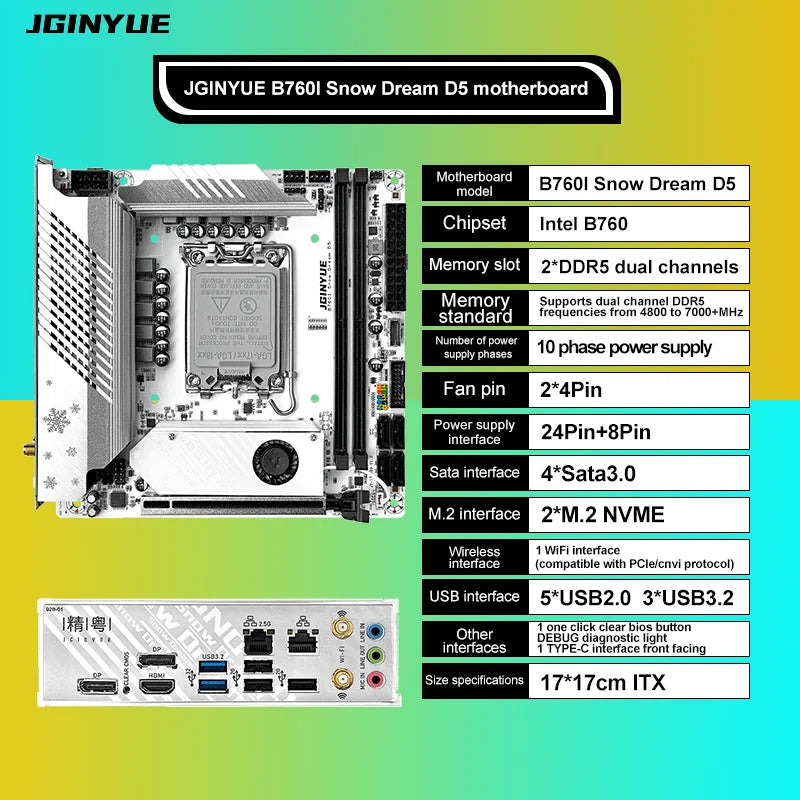 Placa base JGINYUE B760i LGA 1700 compatible con Intel Core 12th 13th DDR5 memoria RAM último mini itx B760i-Snow Dream D5