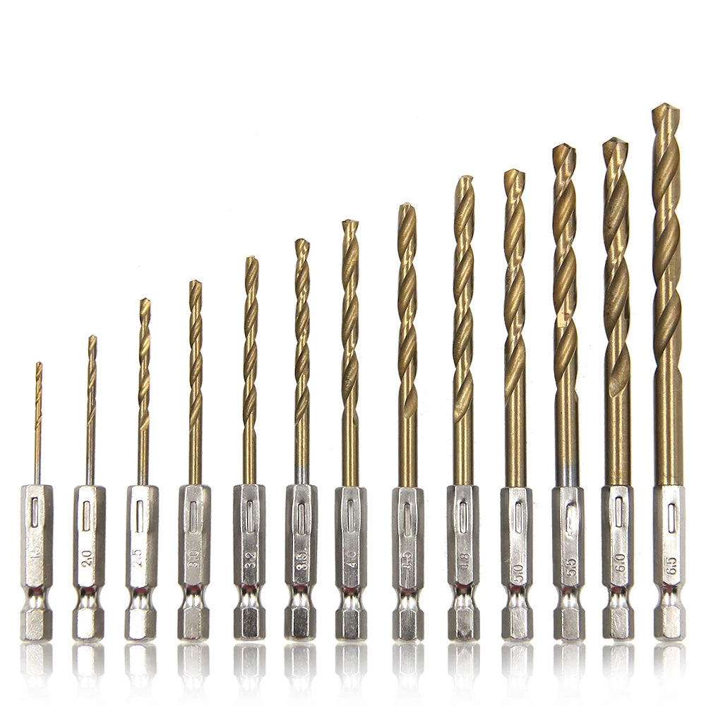 Mango Hexagonal, 13 piezas, taladro helicoidal chapado en titanio, 1,5-6,5mm, taladro eléctrico, destornillador de aire de perforación, juego de accesorios de herramientas