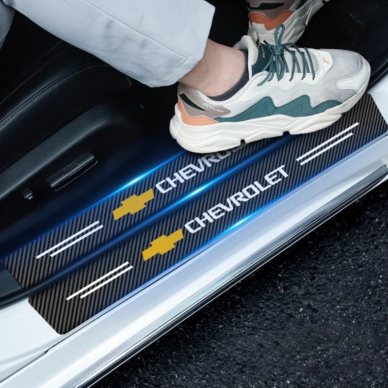 Car Door Threshold Scuff Plate Carbon Fiber Decals Stickers For Chevrolet Cruze Impala Malibu Silverado Cobalt Impala Onix Tahoe