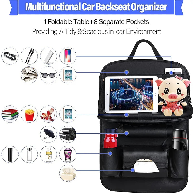 Organizador de Asiento Trasero de Coche, Bandeja Plegable de Cuero PU con Bolsillos de Almacenamiento y Protectores de Patadas - Accesorios Interiores para Vehículos