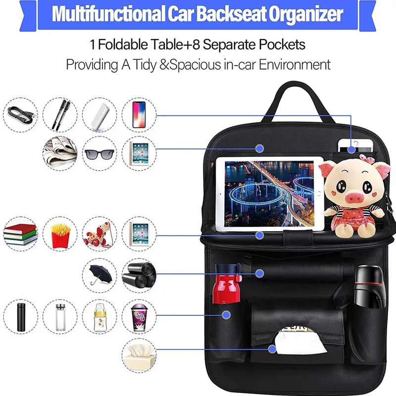 Organizador de Asiento Trasero de Coche, Bandeja Plegable de Cuero PU con Bolsillos de Almacenamiento y Protectores de Patadas - Accesorios Interiores para Vehículos