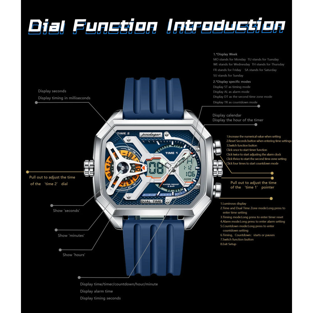 POEDAGAR Top Luxury Men Clock LED Calendar Week Luminous Man Wristwatch Electronic Rectangle Silicone Strap Quartz Men's Watches