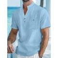 Men's Cotton Linen Short-Sleeve Shirt with Stand Collar & Half-Button Placket - Casual Outdoor Leisure Wear for Spring and Summe