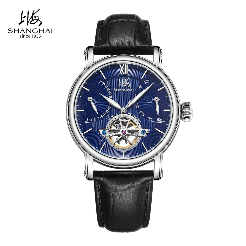 Shanghai Watch Skeletonized Flywheel Men's Mechanical Watch 42mm Automatic Watches Retrograde Calendar Sapphire Wristwatch S8924