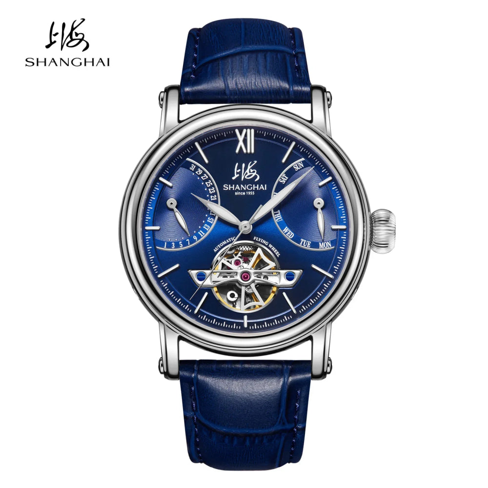 Shanghai Watch Skeletonized Flywheel Men's Mechanical Watch 42mm Automatic Watches Retrograde Calendar Sapphire Wristwatch S8924