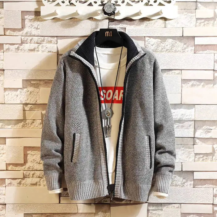Autumn and Winter New Fleece Thicken Large Size Casual Loose Sweater Men's Jacket Stand-up Collar Cardigans