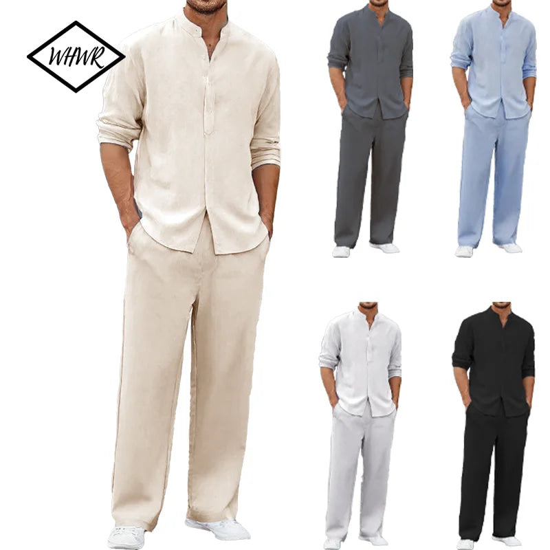 Men's Fall Casual Outfits Solid Color Henley Collar Long Sleeve Tops with Elastic Waist Pants Long Sleeve Pants Shirt Suit
