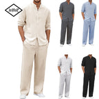 Men's Fall Casual Outfits Solid Color Henley Collar Long Sleeve Tops with Elastic Waist Pants Long Sleeve Pants Shirt Suit