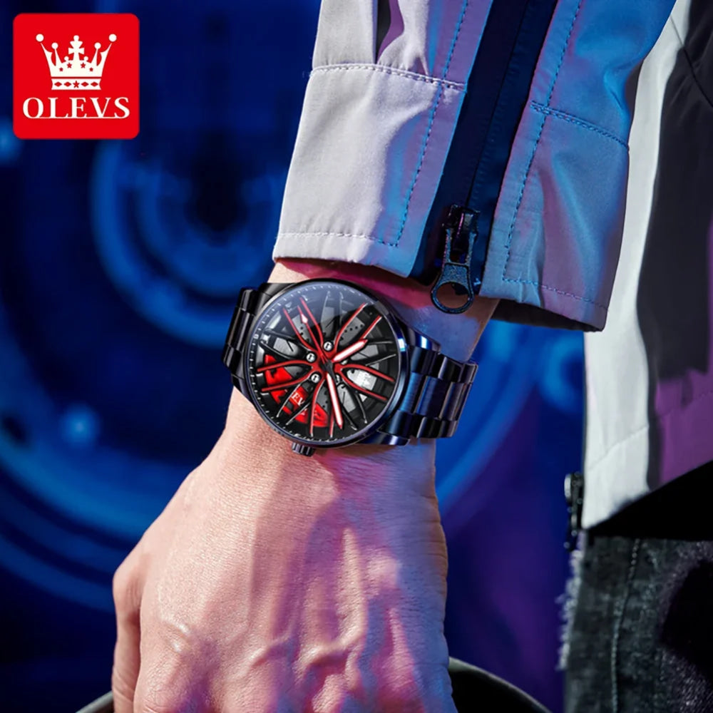 OLEVS Mens Watch Quartz Watch Original Rotatable Wheel Hub Dial Fashion Trend Waterproof Luminous Stainless Steel Reloj 9937