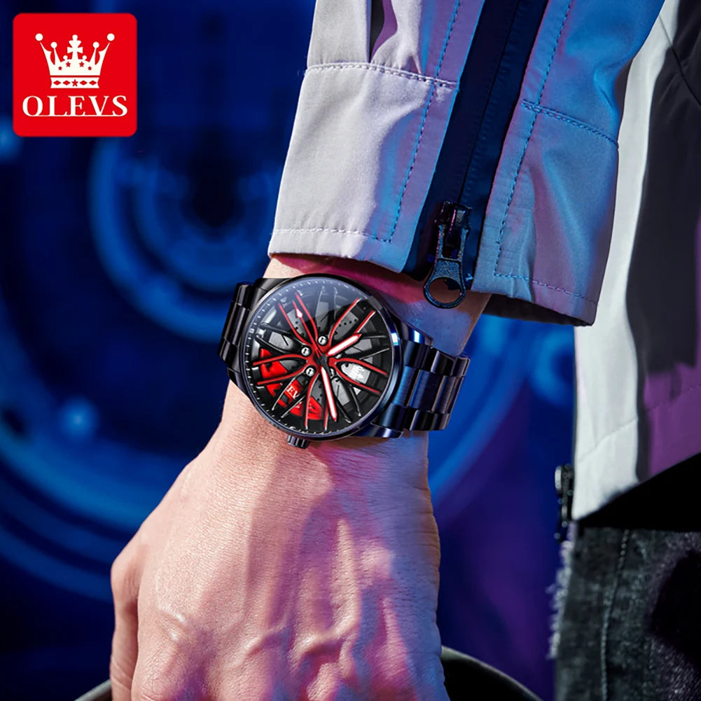 OLEVS Mens Watch Quartz Watch Original Rotatable Wheel Hub Dial Fashion Trend Waterproof Luminous Stainless Steel Reloj 9937