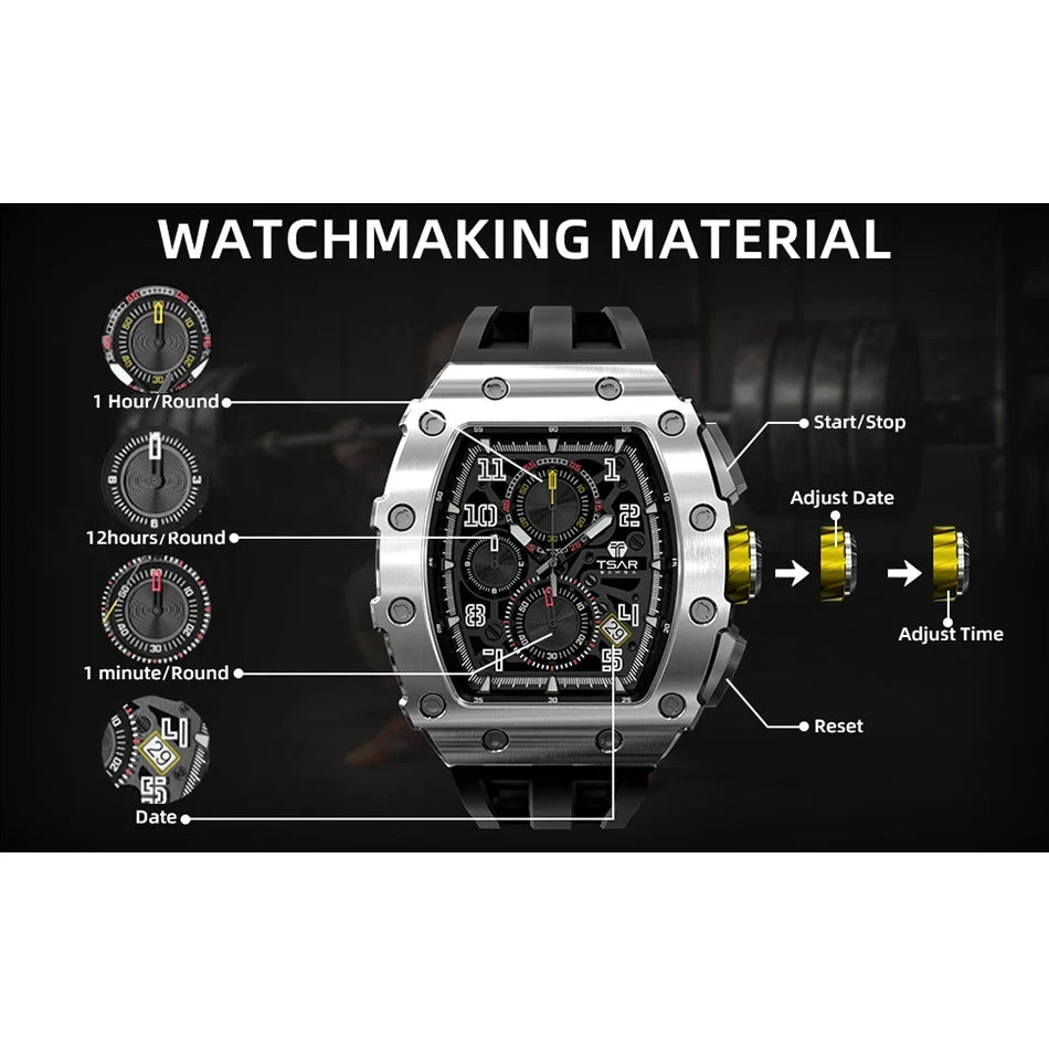 TSAR BOMBA Watch for Men Luxury Brand Tonneau Design Waterproof Clock Stainless Steel Wristwatch Fashion Rectangle Mens Watch
