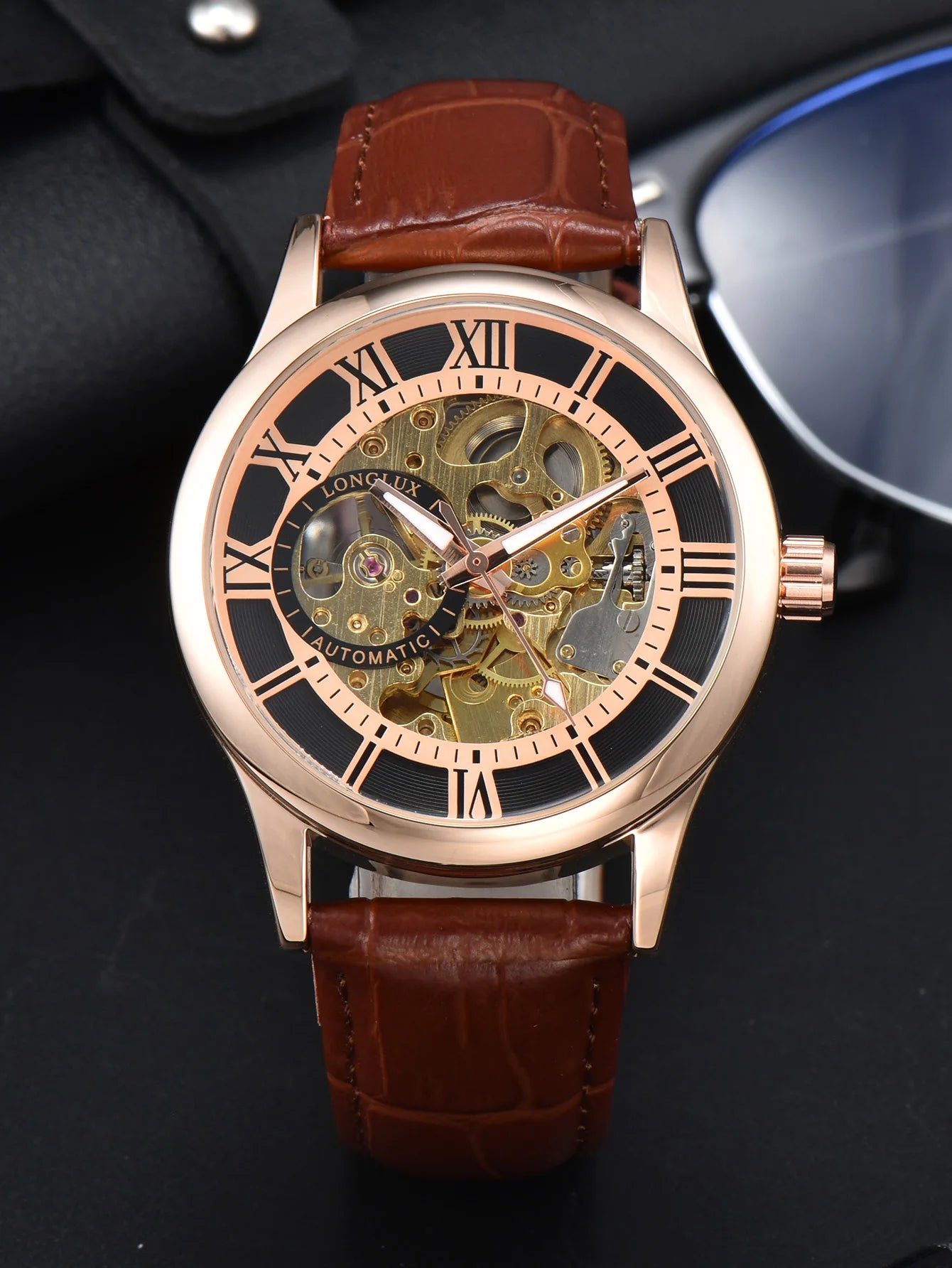 Men automatic watch luxury rome mechanical watches waterproof skeleton noctilucent leather mens watch choice of gift giving