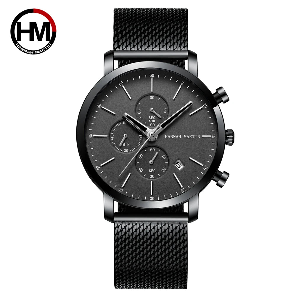 Reloj Hannah Martin Top para hombre, marca de estilo empresarial, acero inoxidable, moda, resistente al agua, deportivo, reloj de cuarzo multifuncional para hombre