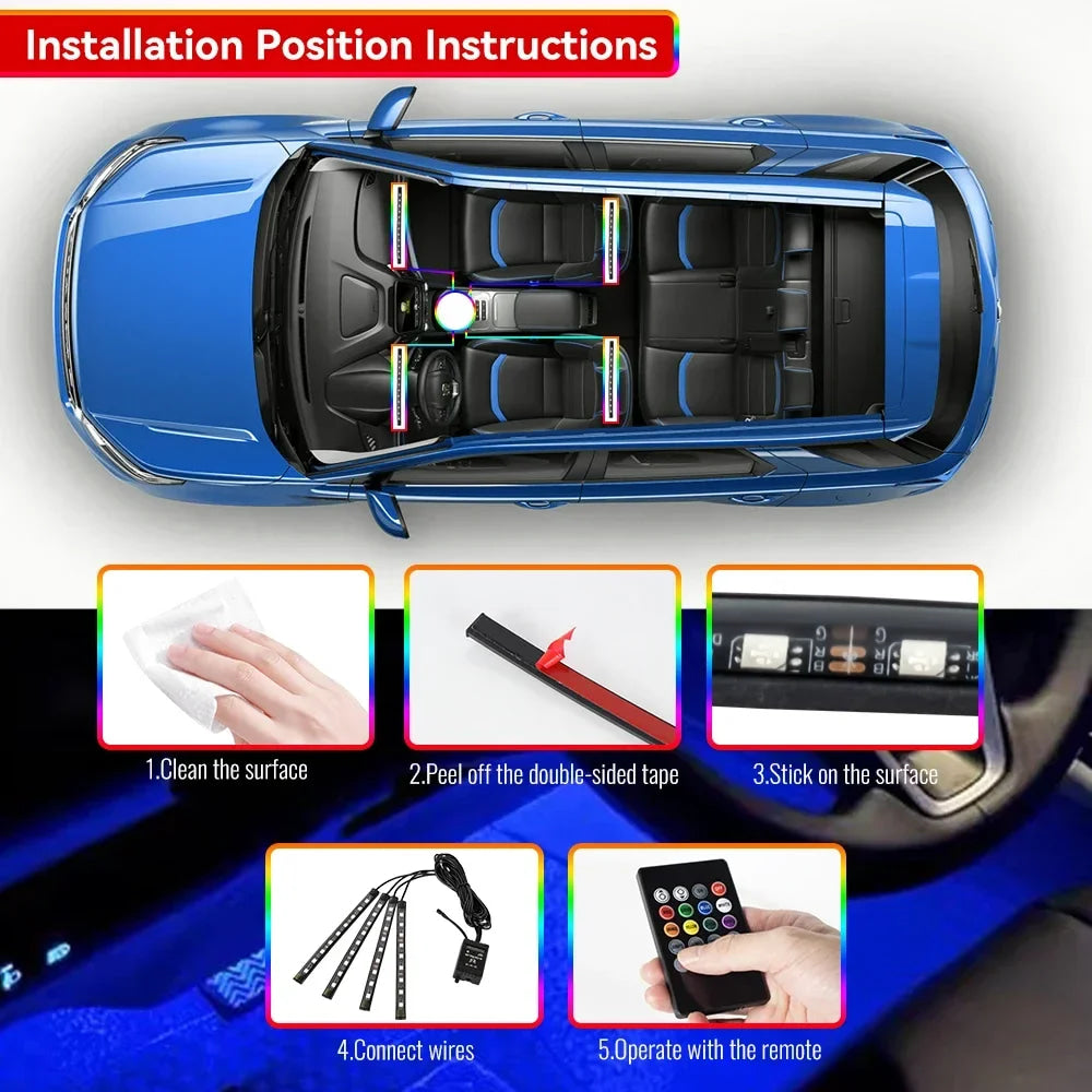 Neón 36 48 72 LED luz ambiental para pies Interior de coche Control remoto inalámbrico por aplicación de música lámpara decorativa de ambiente RGB automática