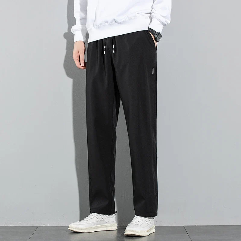 Pantalones de seda de hielo para hombre, novedad de verano 20225, pantalones informales de negocios finos negros y grises, pantalones de chándal de pierna recta transpirables elásticos para exteriores