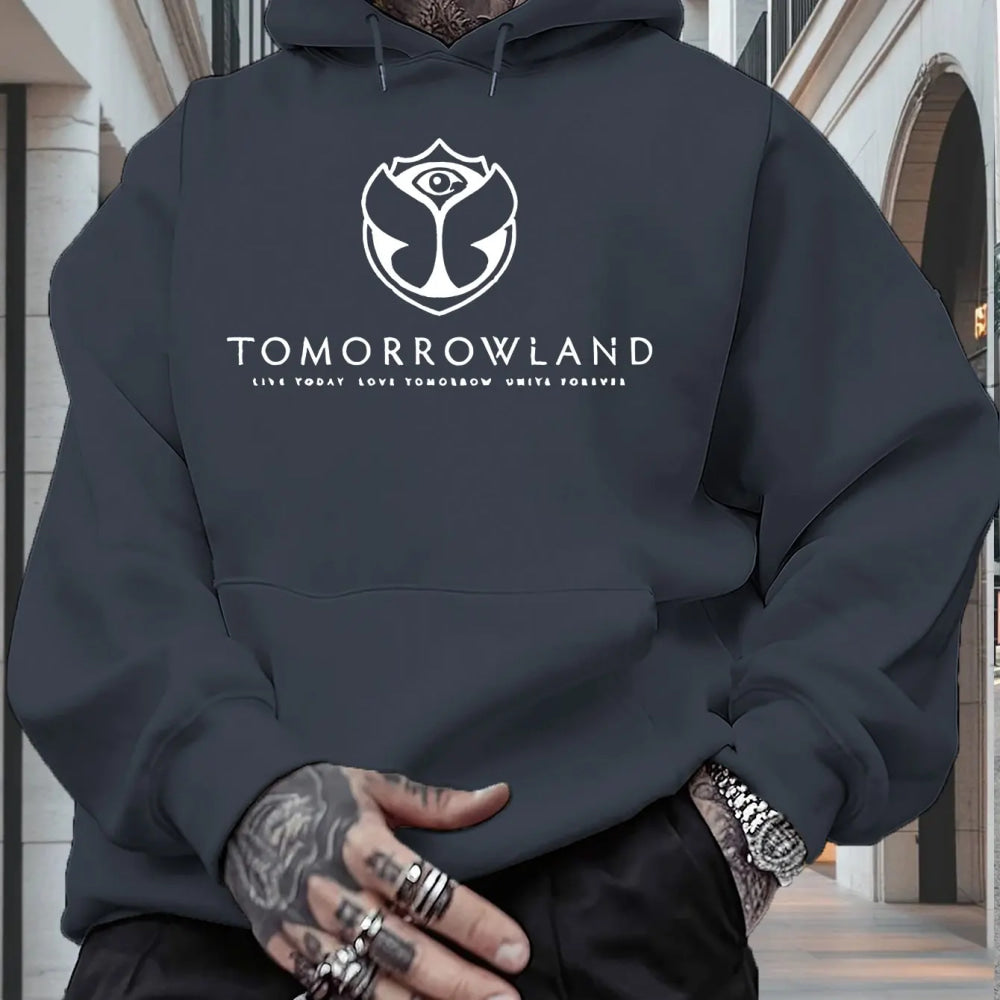2025Men'S Hoodie with "TOMORROWLAND" Graphic - Casual Pullover Sweatshirt Long Sleeve Regular Fit Fall/Winter Casual Wear Hoodie