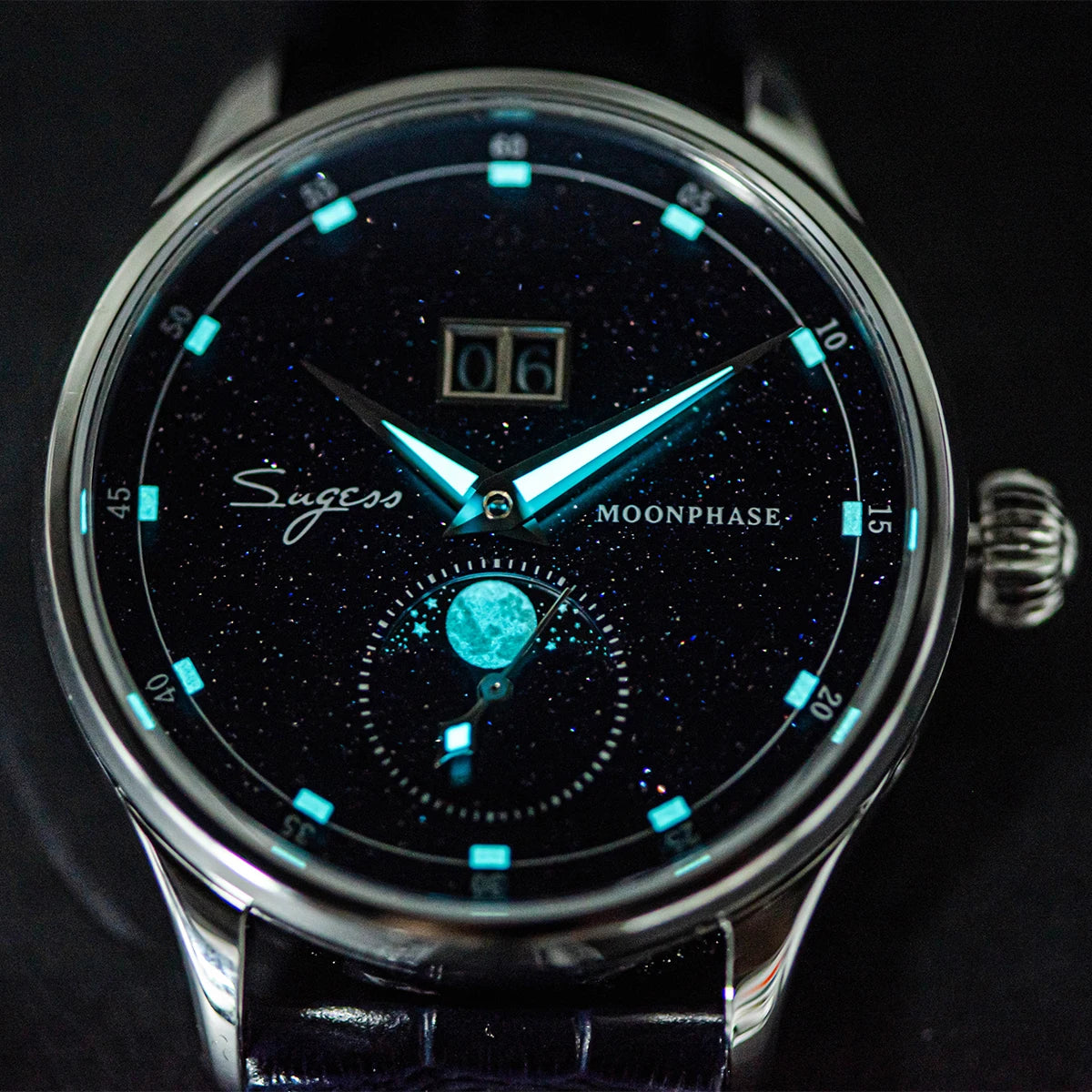 Sugess Moonphase Watch of Men 40mm Automatic Mechanical Wristwatches Origin ST2528 Movement Stainless Steel Blue Sandstone Dials