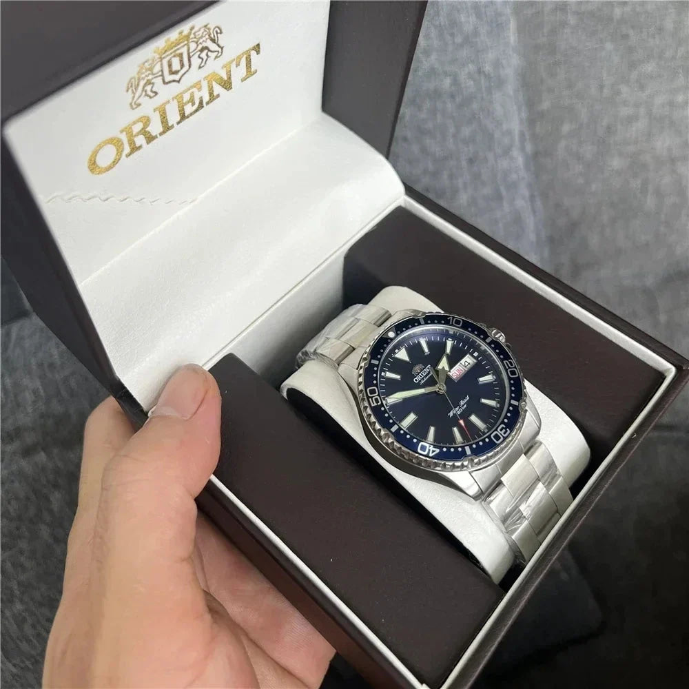Orient Automatic Mechanical Diver Watch for Men 200M Waterproof Red Dial Stainless Steel Band Day Date Display Sport Wristwatch