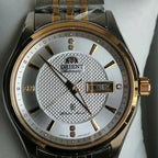 Orient Two-Tone Automatic Watch Multi-Color Dial Roman Numerals Day-Date Steel Band 50M Water Resistant Men's Classic Wristwatch