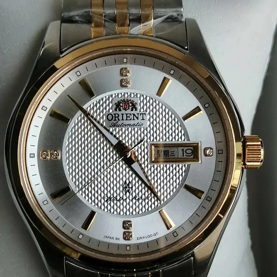 Orient Two-Tone Automatic Watch Multi-Color Dial Roman Numerals Day-Date Steel Band 50M Water Resistant Men's Classic Wristwatch