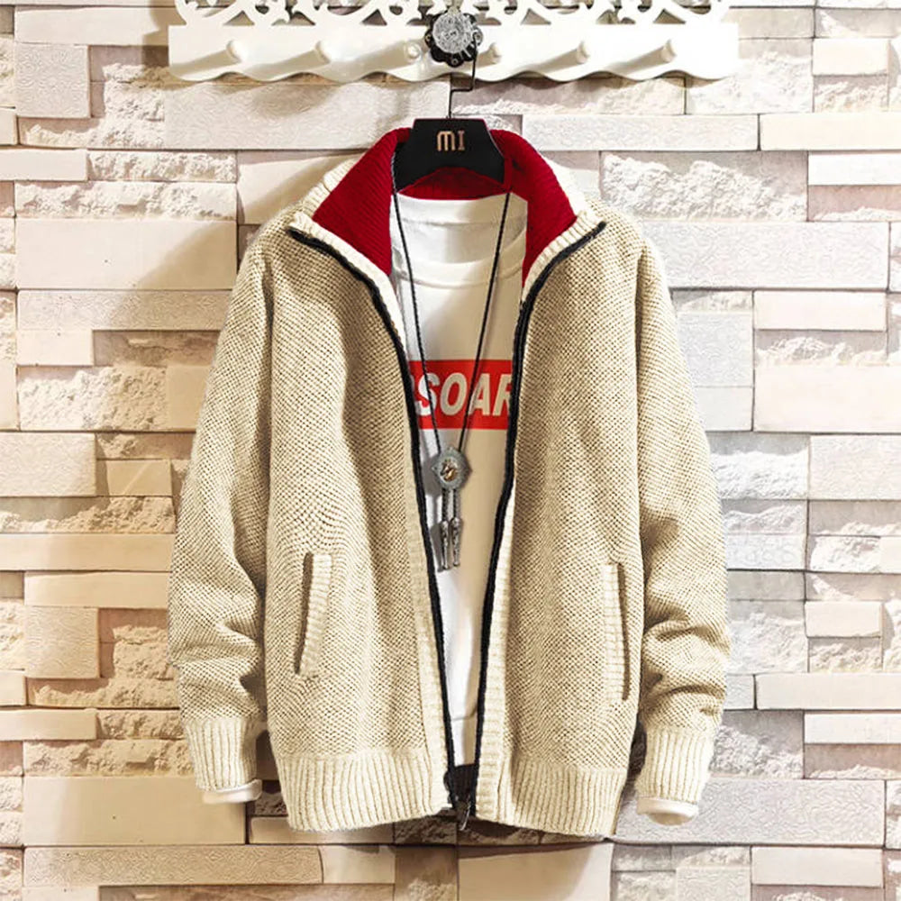 Autumn and Winter New Fleece Thicken Large Size Casual Loose Sweater Men's Jacket Stand-up Collar Cardigans