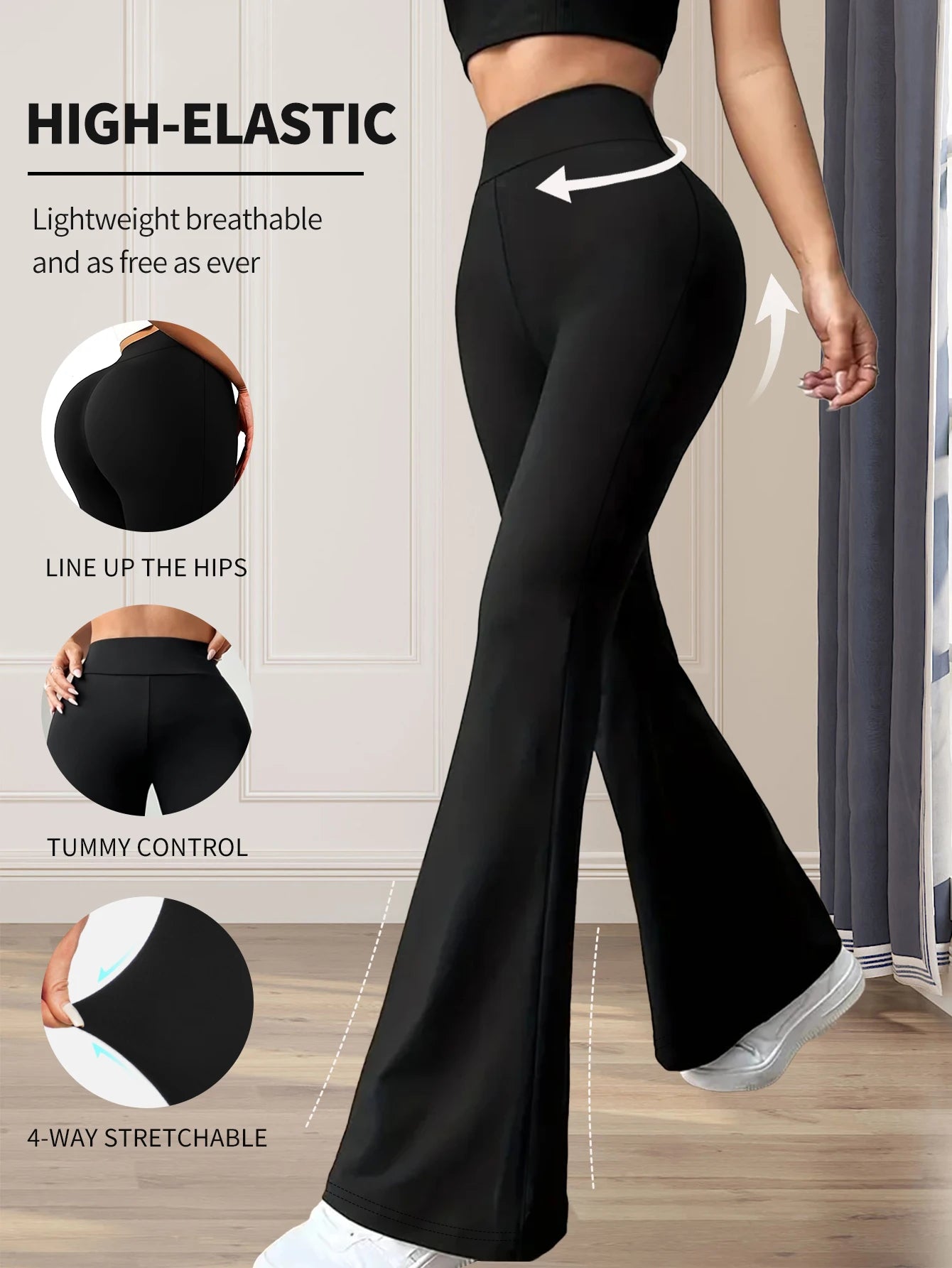 Pantalones acampanados ajustados de cintura alta para primavera y verano para mujer, pantalones negros largos de pierna delgada, pantalones finos de pierna ancha para mujeres delgadas