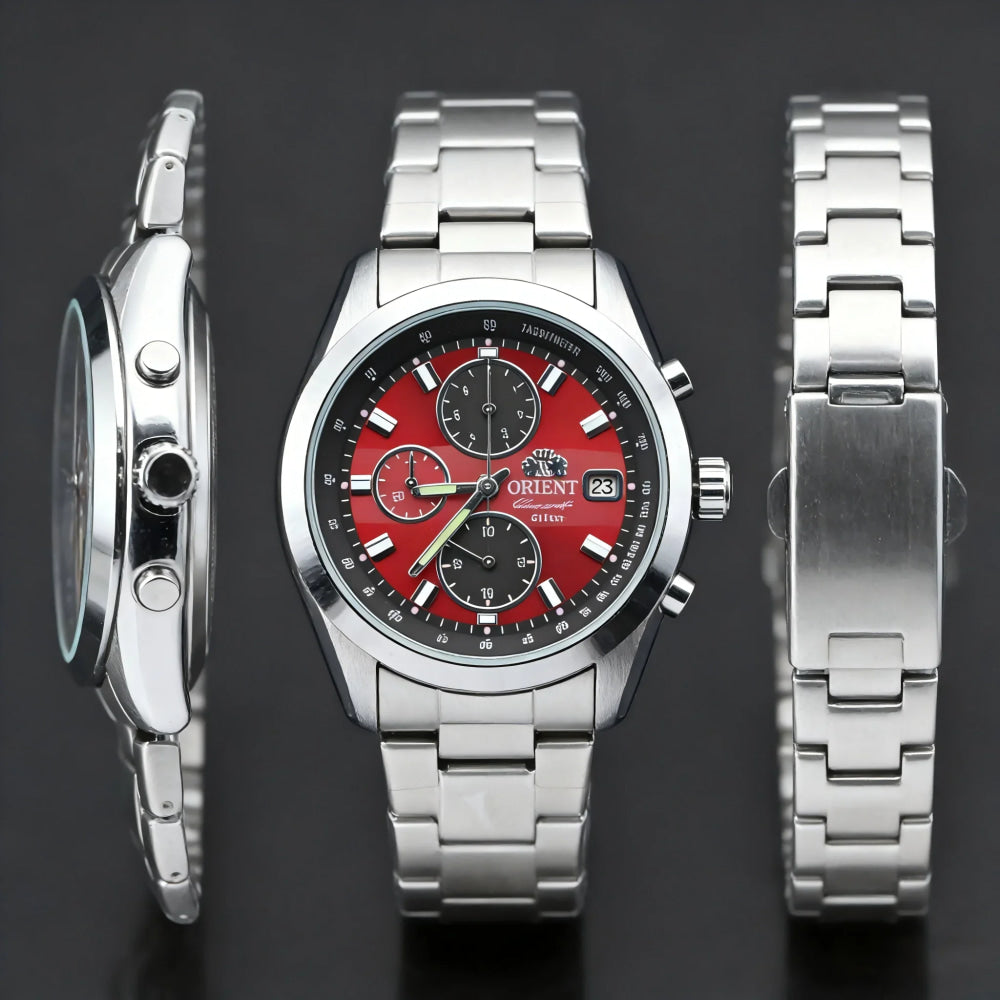 Orient Men's Chronograph Wristwatch Red Dial Stainless Steel Band 100M Waterproof Fashion Sport Watch