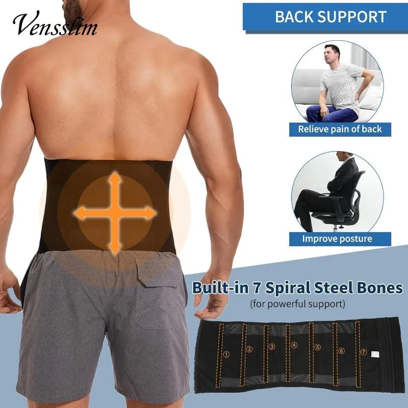 Vensslim Waist Trainer for Men Tummy Control Hooks Girdle Stomach Band 7 Steel Bones Back Support Strap Body Shaper Trimmer Belt