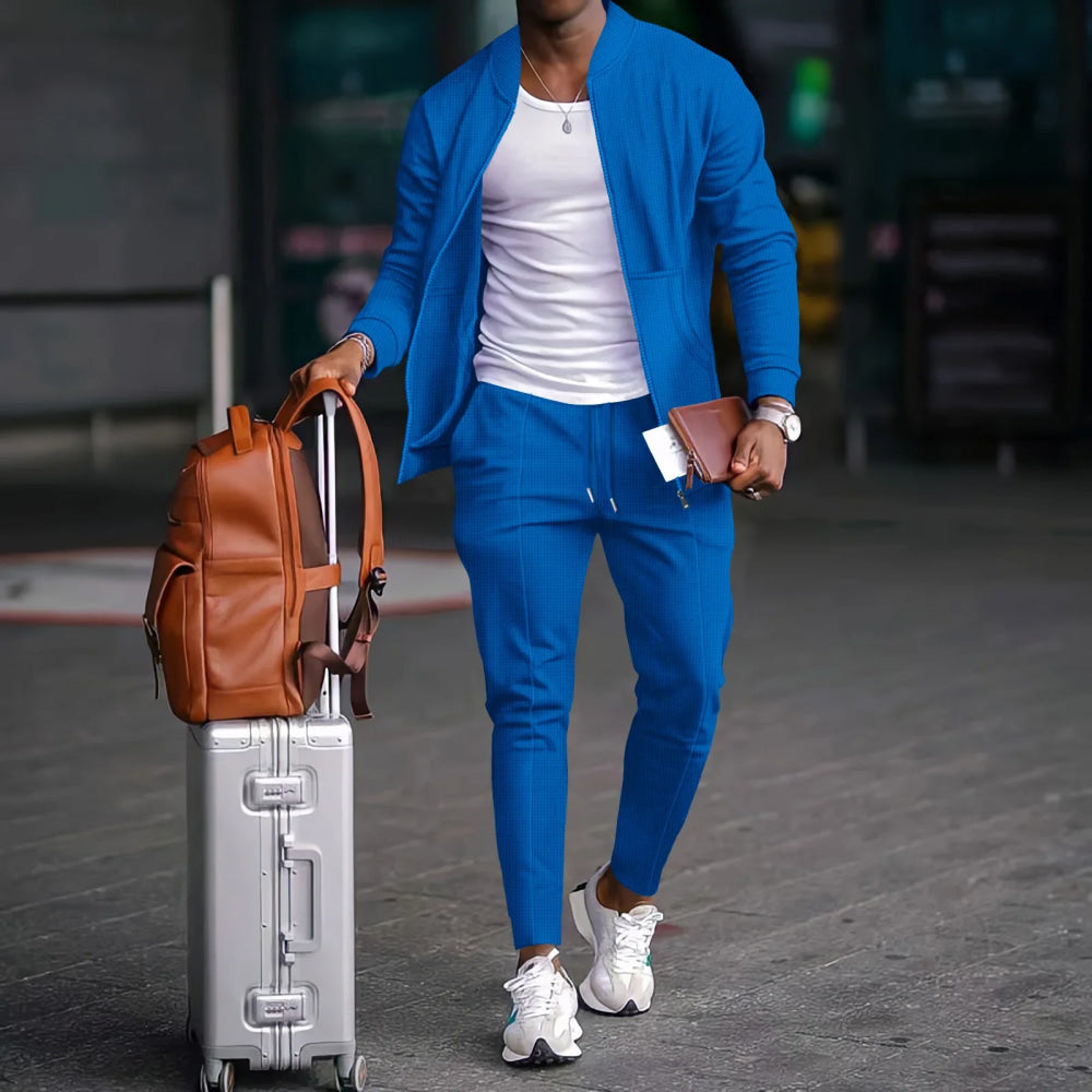 Men's Business Casual Two-Piece Set Spring Autumn Waffle Zippered Shirt Coat And Trousers Trendy Fashionable Outfit